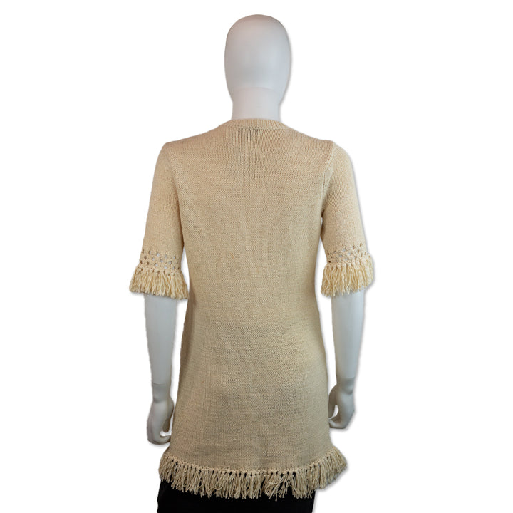 Worth Cream Cotton/Nylon Knit Fringe Trim Button Down Long Cardigan