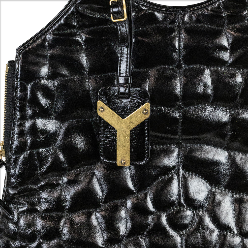 Yves Saint Laurent Rive Gauche Black Croc Quilted Patent Leather Metropolis Tribute Bag