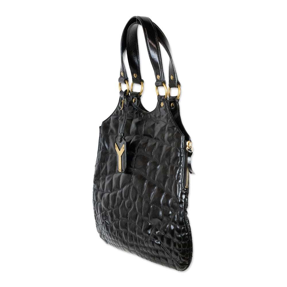 Yves Saint Laurent Rive Gauche Black Croc Quilted Patent Leather Metropolis Tribute Bag