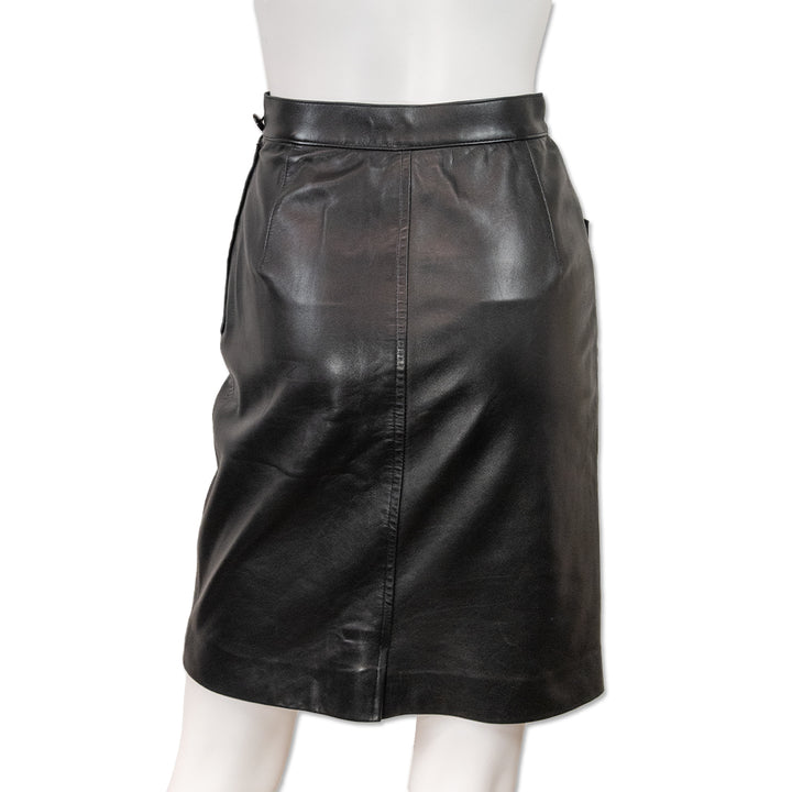 Yves Saint Laurent Black Leather Midi Pencil Skirt