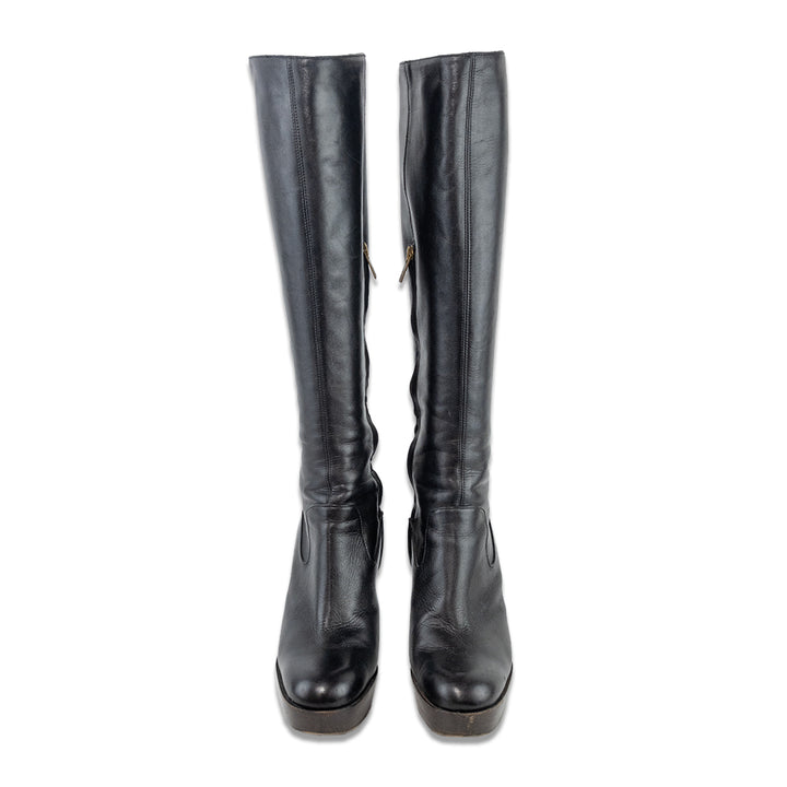 Yves Saint Laurent Black Leather Platform Stiletto Knee High Boots