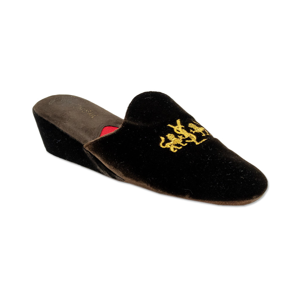 Yves Saint Laurent Brown Velvet Wedge Slippers with Gold Logo