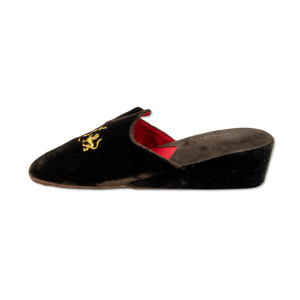 Yves Saint Laurent Brown Velvet Wedge Slippers with Gold Logo