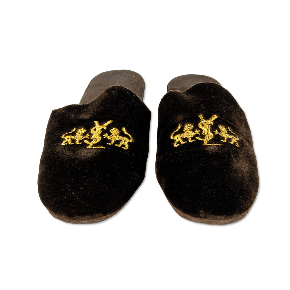 Yves Saint Laurent Brown Velvet Wedge Slippers with Gold Logo