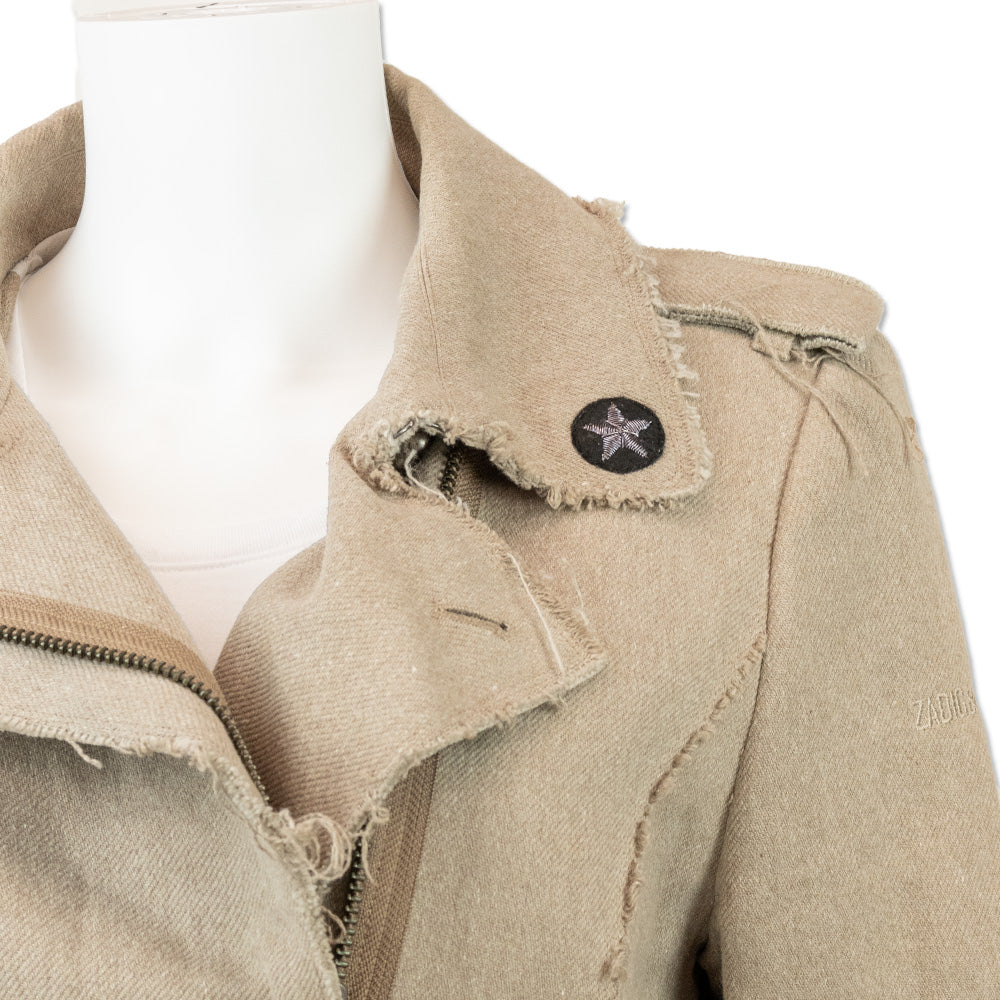 Zadig & Voltaire Beige Military Inspired Distressed Zip Front Jacket