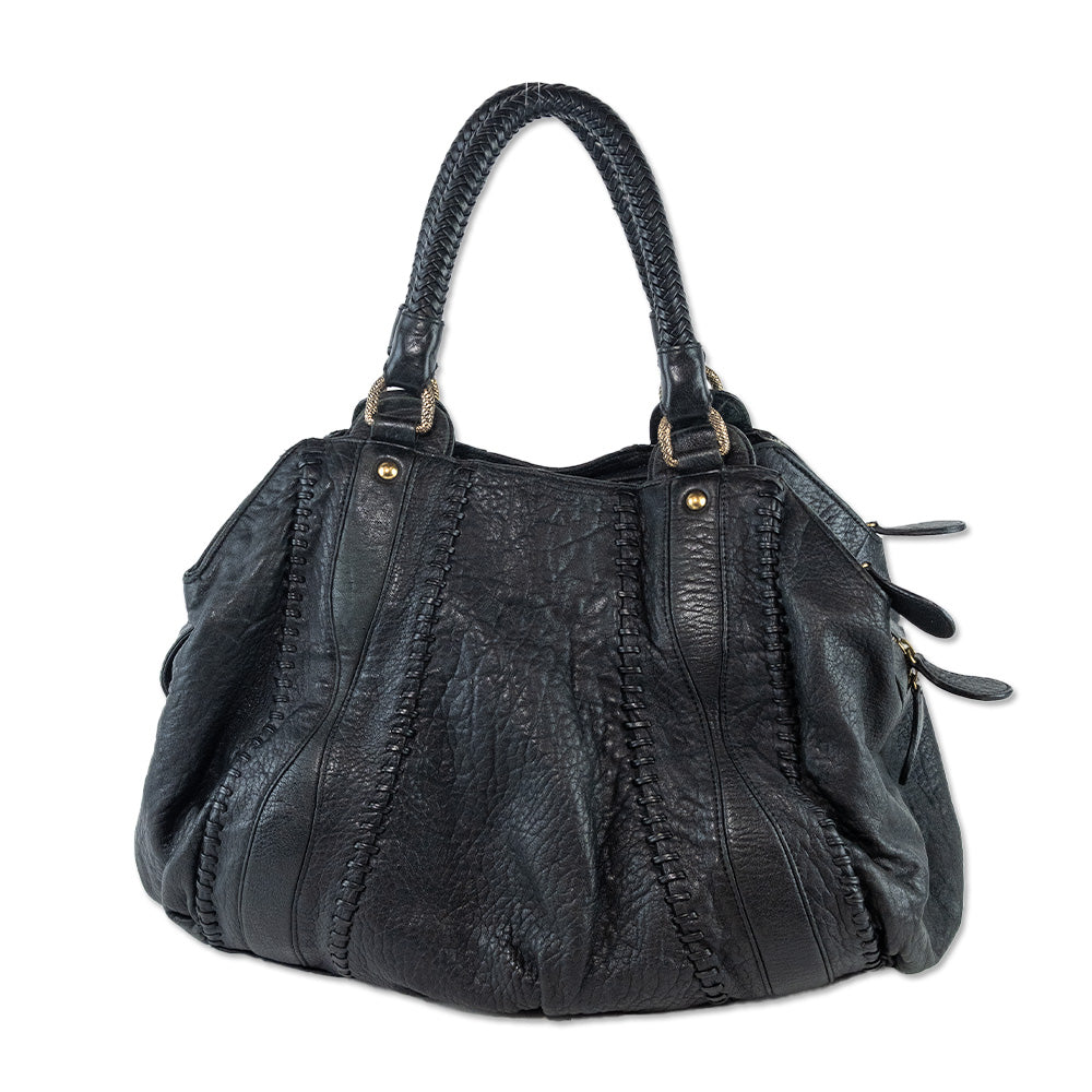 Just Cavalli Black Leather Braided Handle Large Shoulder Bag