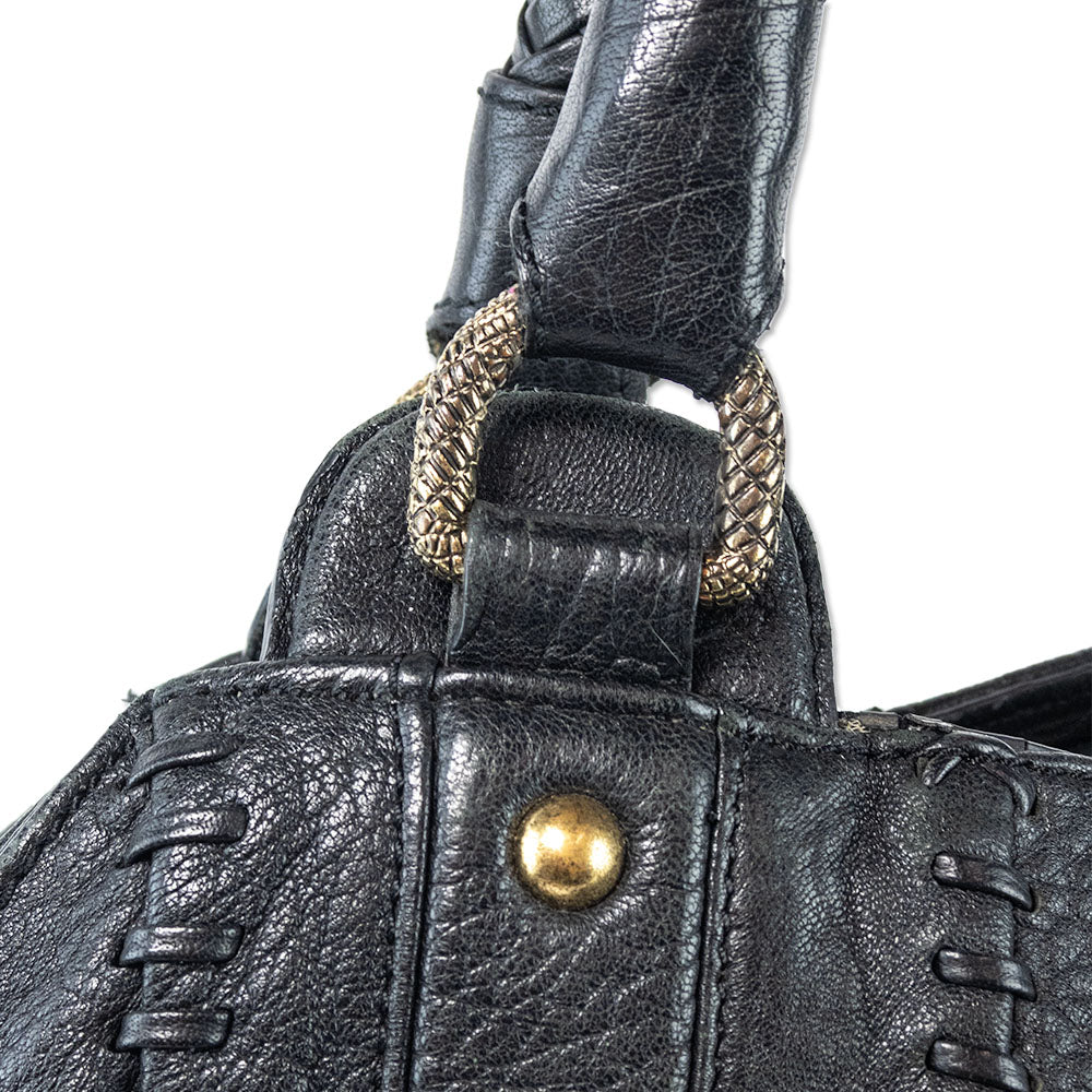 Just Cavalli Black Leather Braided Handle Large Shoulder Bag