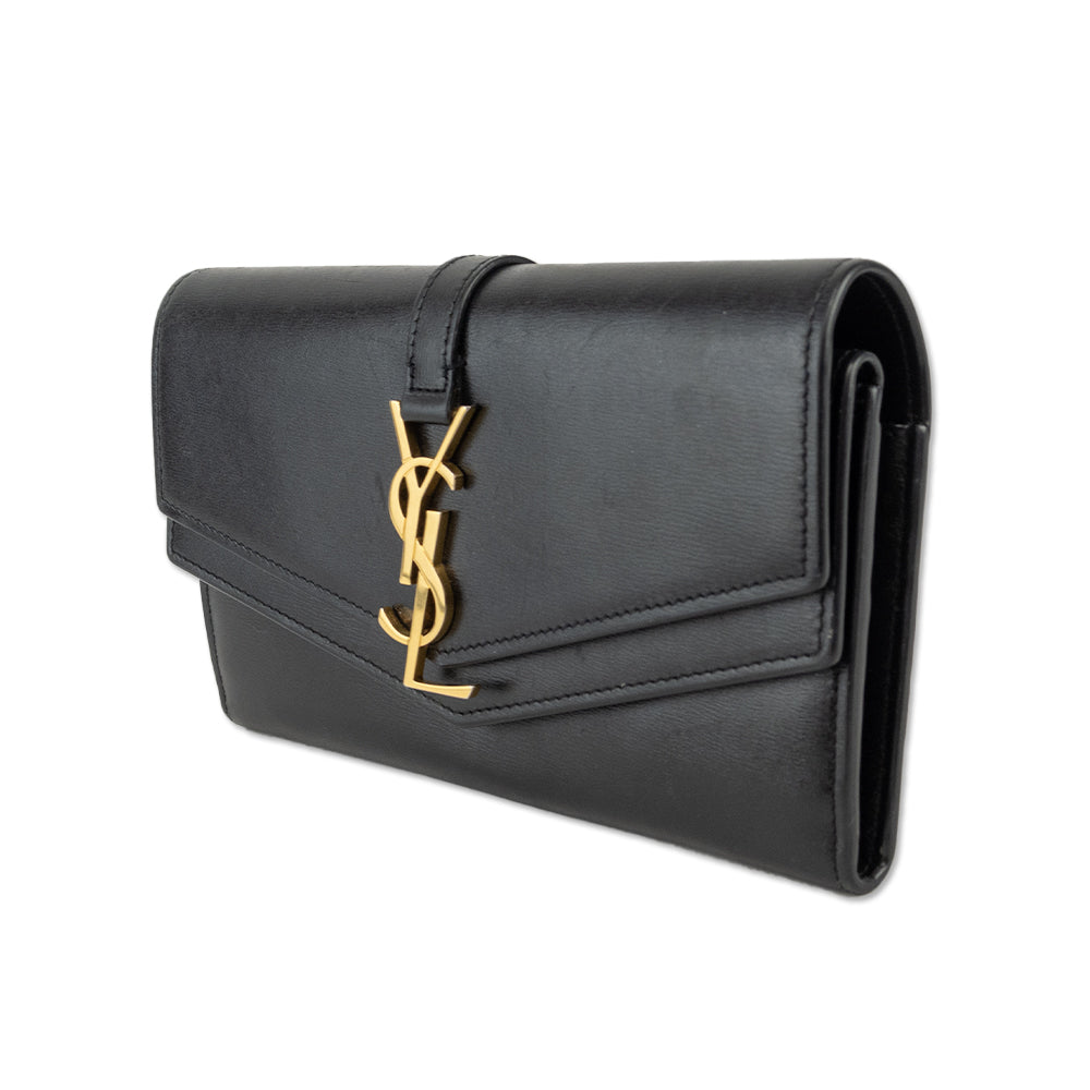 Saint Laurent Cassandre Black Leather Double Flap Envelope Clutch