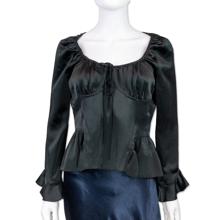 Staud Black Satin Toya Long Sleeve Top