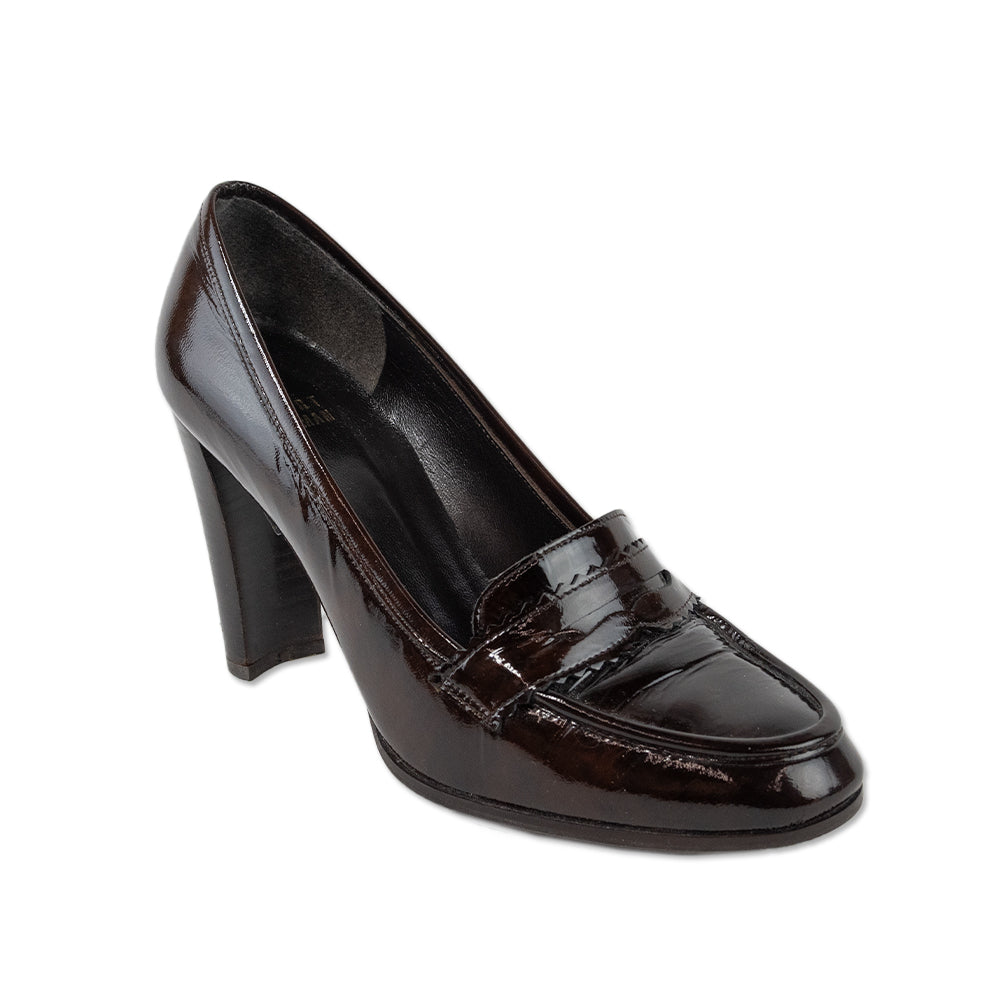 Stuart Weitzman Brown Patent Leather Penny Heeled Loafers