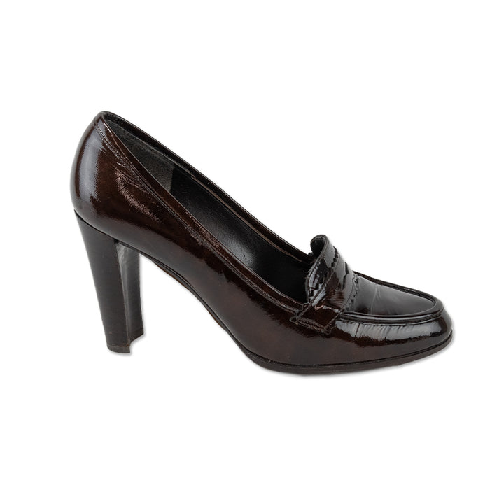 Stuart Weitzman Brown Patent Leather Penny Heeled Loafers