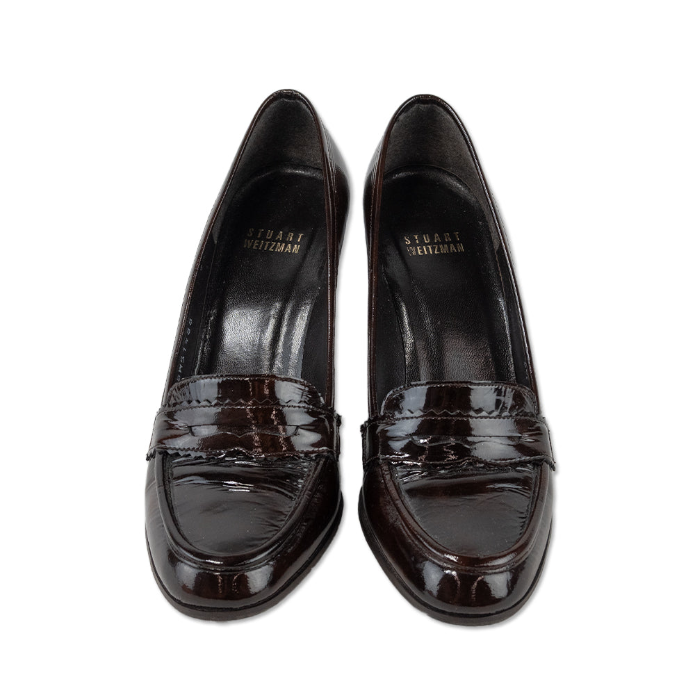 Stuart Weitzman Brown Patent Leather Penny Heeled Loafers