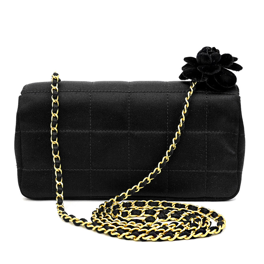 Chanel Black Satin Extra Mini Square Quilt Camellia Flap Bag