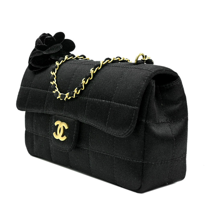 Chanel Black Satin Extra Mini Square Quilt Camellia Flap Bag