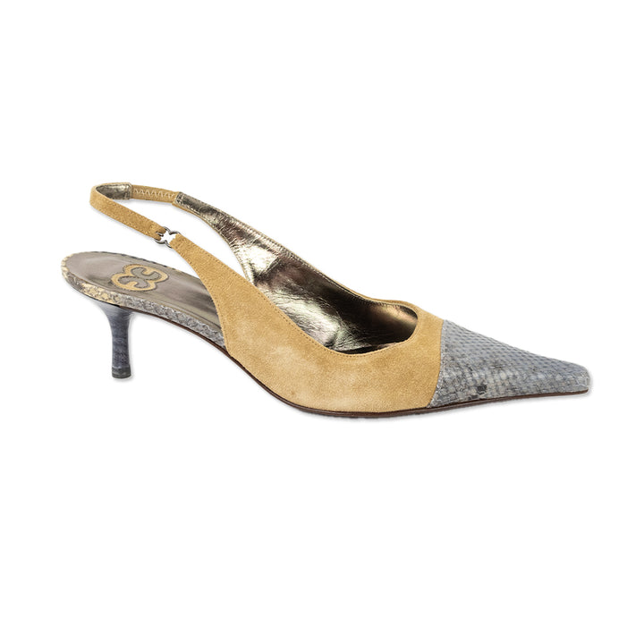 Escada Snakeskin Beige Suede Pointed Toe Slingback Pumps