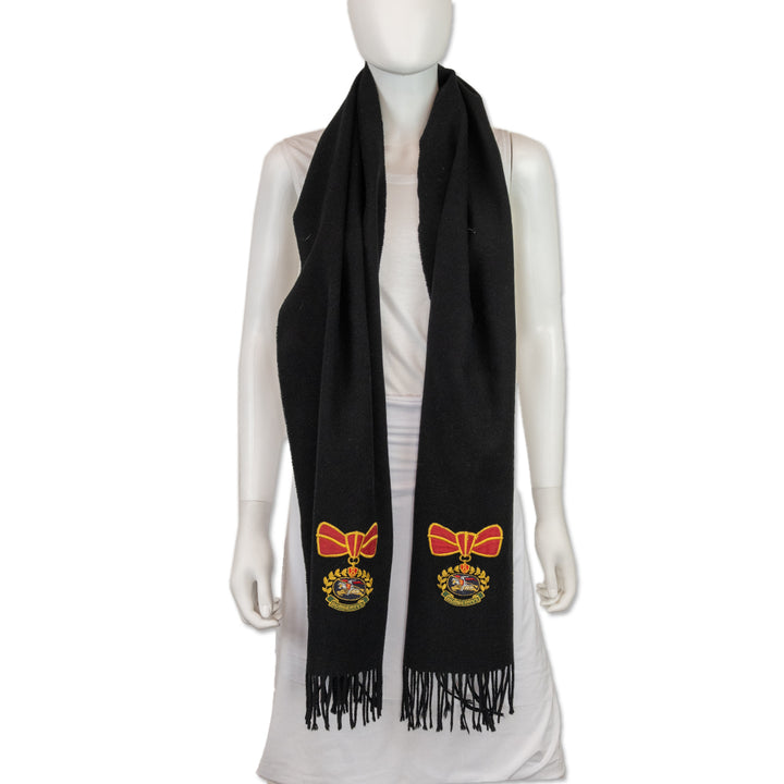 Burberry Fringe Trim Black Crest Embroidery Wool Scarf