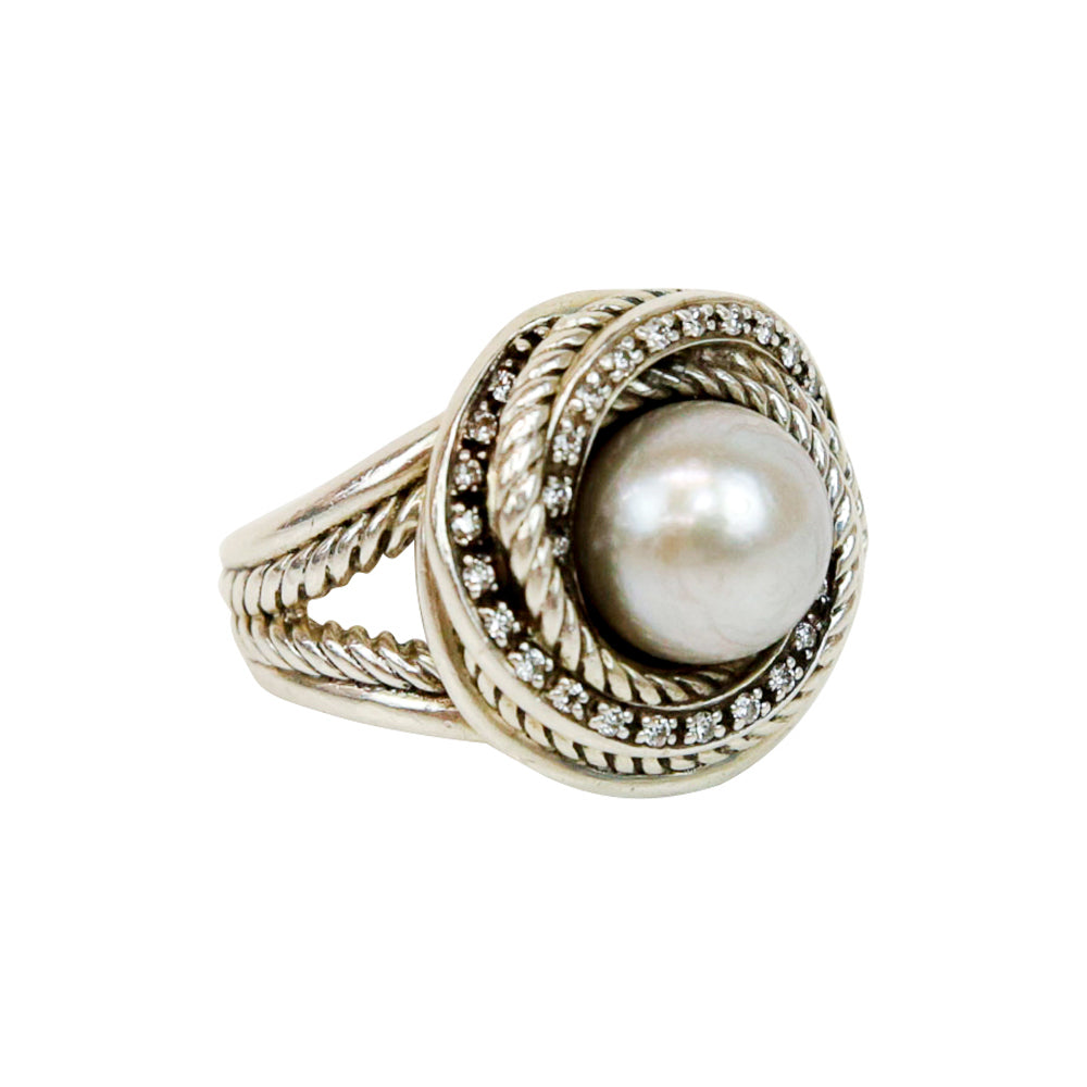 David Yurman Sterling Silver Pearl & Diamond Crossover Ring