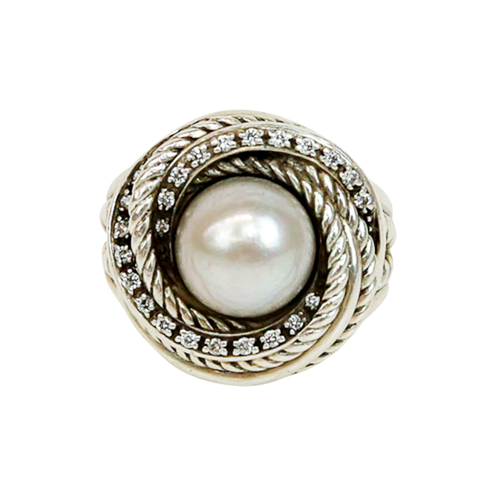 David Yurman Sterling Silver Pearl & Diamond Crossover Ring