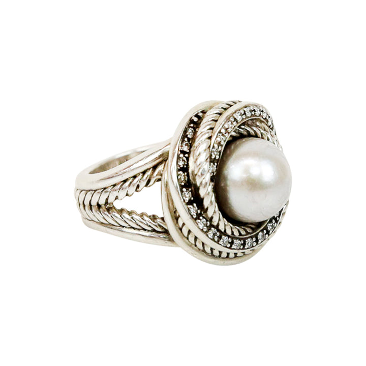 David Yurman Sterling Silver Pearl & Diamond Crossover Ring