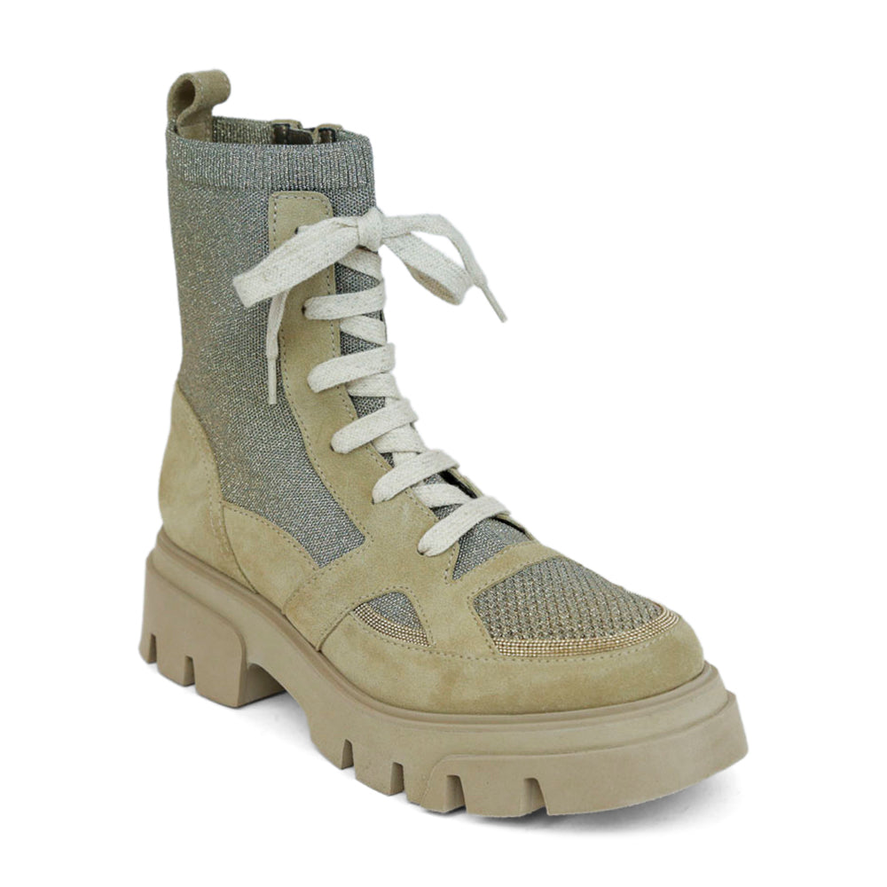 Brunello Cucinelli Suede & Knit Lug Sole Combat Boots