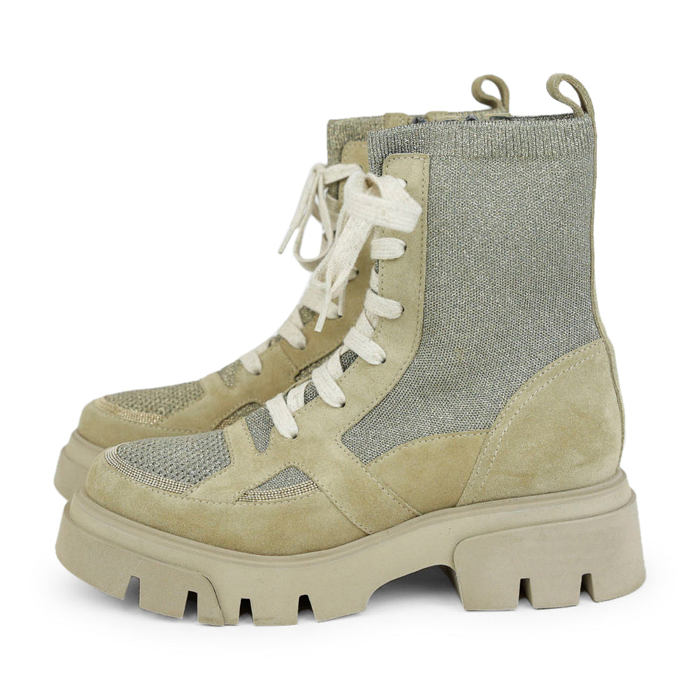 Brunello Cucinelli Suede & Knit Lug Sole Combat Boots