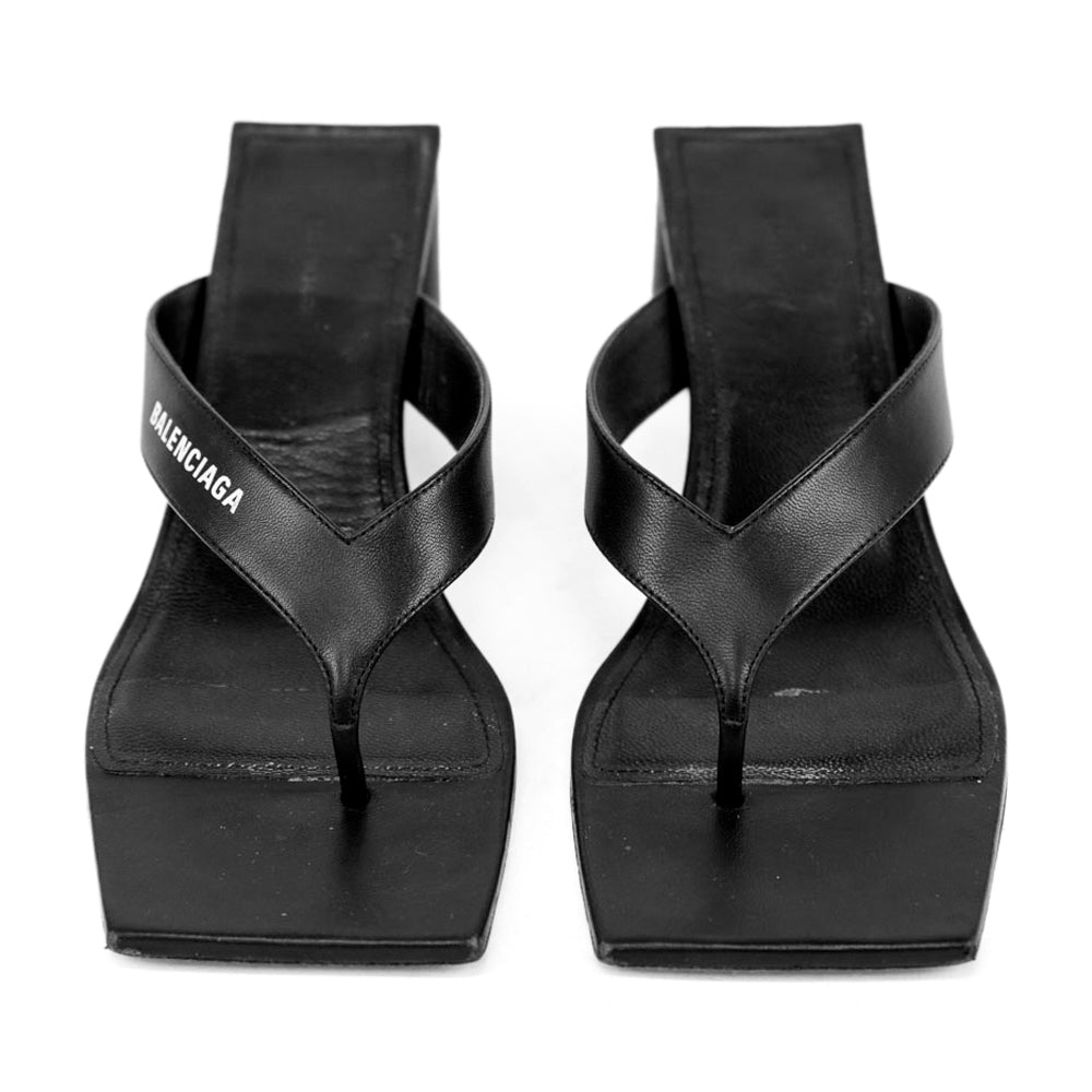 Balenciaga Black Leather Square Toe Thong Sandals