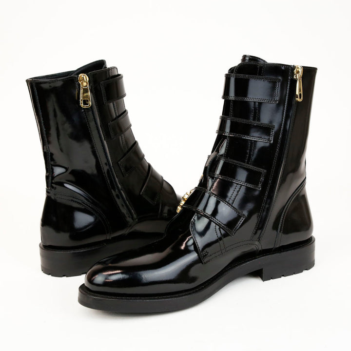 Dolce & Gabbana Black Leather Crystal Buckle Combat Boots