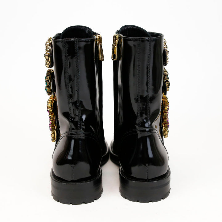 Dolce & Gabbana Black Leather Crystal Buckle Combat Boots