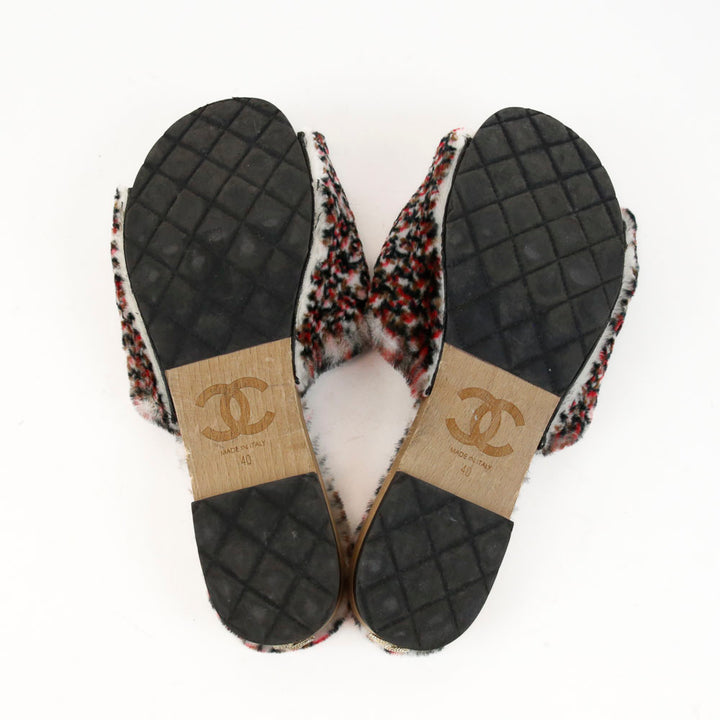 Chanel Orylag Fur & Lambskin Tweed Print Mules