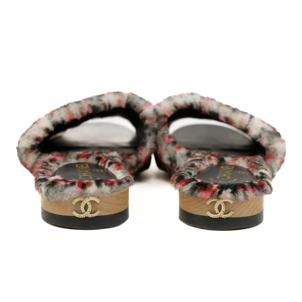 Chanel Orylag Fur & Lambskin Tweed Print Mules