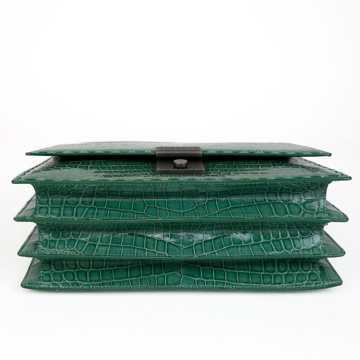 Bottega Veneta Green Crocodile Flap Top Accordion Bag