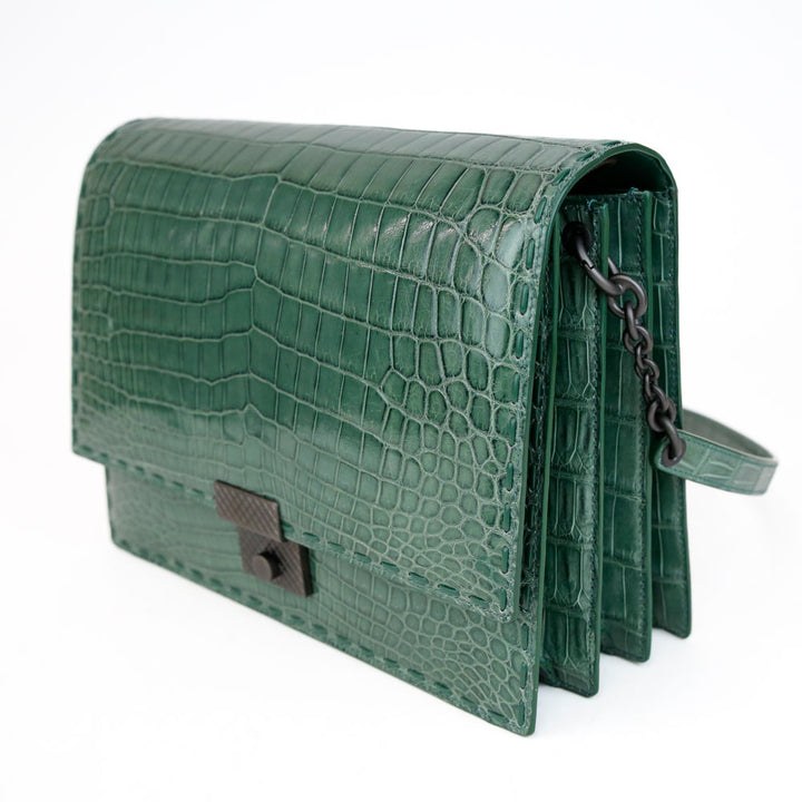 Bottega Veneta Green Crocodile Flap Top Accordion Bag