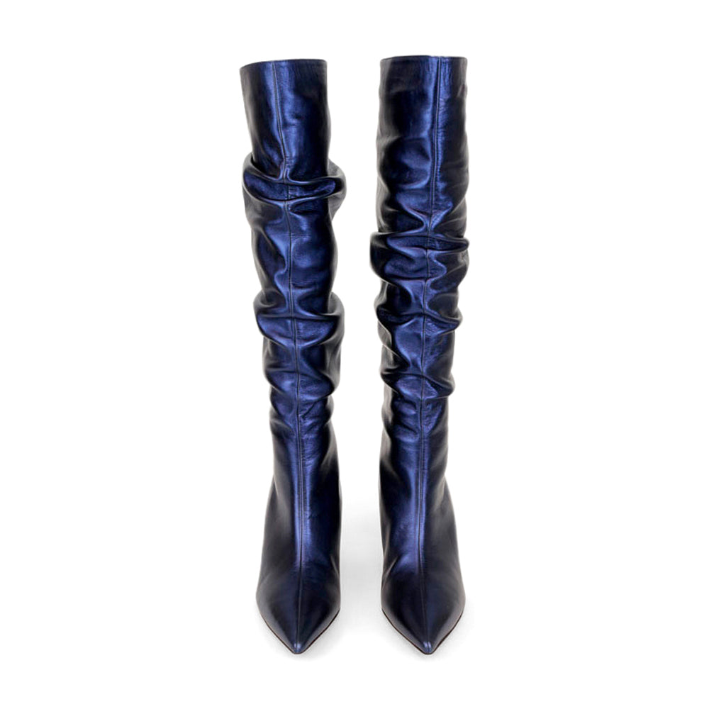 Christian Louboutin Metallic Blue Leather Ruched Knee High Boots