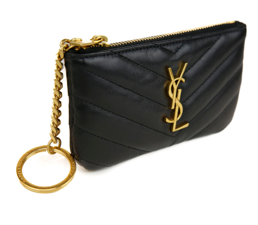 Saint Laurent Black Leather Cassandre Matelassé Key Pouch