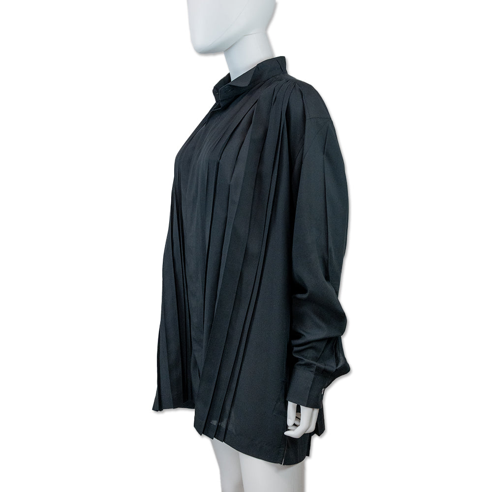 Issey Miyake Black Pleated Tuxedo Collar Shirt