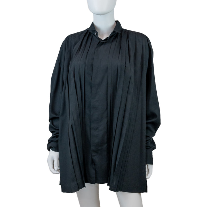 Issey Miyake Black Pleated Tuxedo Collar Shirt