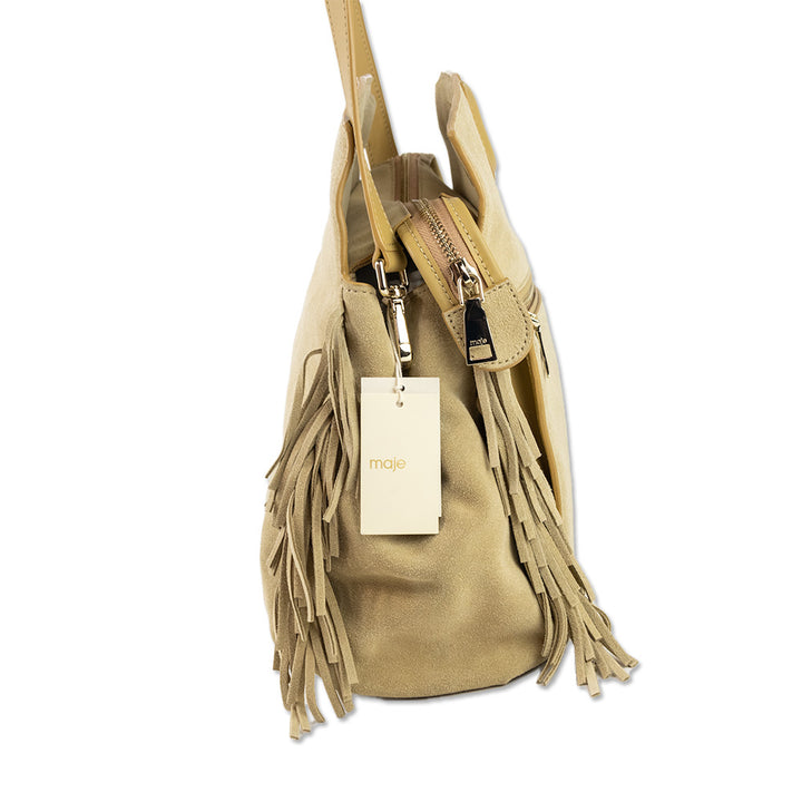 Maje Beige Suede Fringe Trim Shoulder Bag