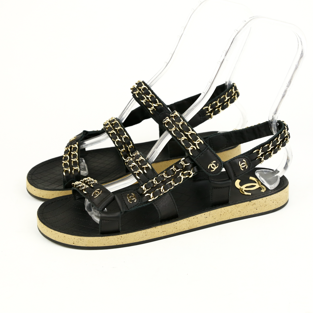 Chanel Black Leather & Chain Flat Dad Sandals