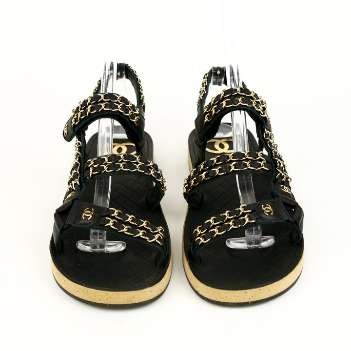 Chanel Black Leather & Chain Flat Dad Sandals