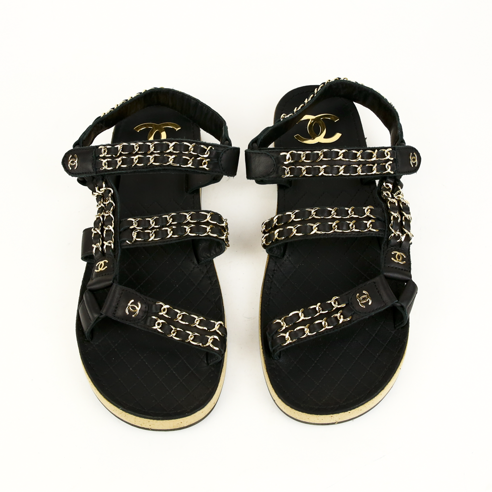 Chanel Black Leather & Chain Flat Dad Sandals