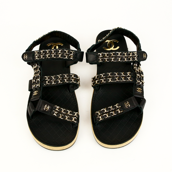 Chanel Black Leather & Chain Flat Dad Sandals