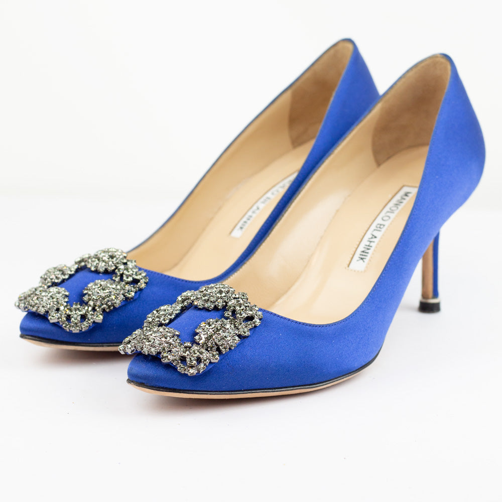 side view of Manolo Blahnik Hangisi Jeweled Blue Satin Pumps