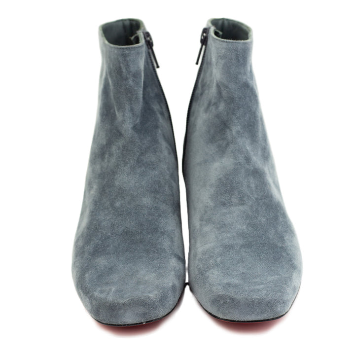 front view of Christian Louboutin Tounoir Booty Gray Suede Ankle Boots