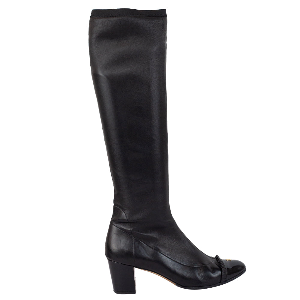 Chanel Black Ruffled CC Cap Toe Tall Boots