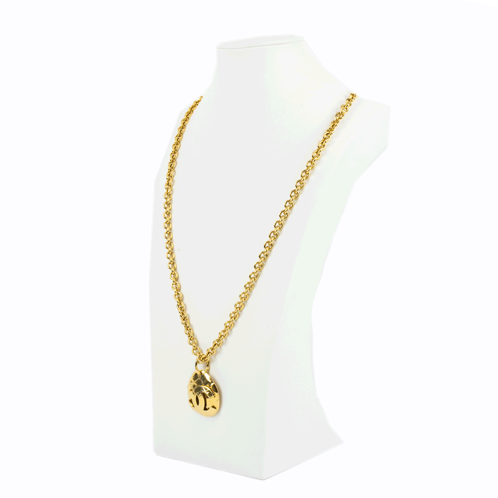 Chanel Vintage Quilted CC Pendant Gold Necklace