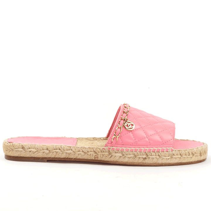 side view of Chanel Pink Quilted Chain Espadrille Slide Sandals