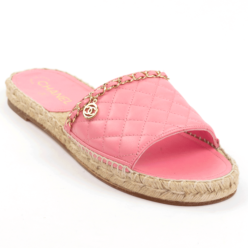 side view of Chanel Pink Quilted Chain Espadrille Slide Sandals