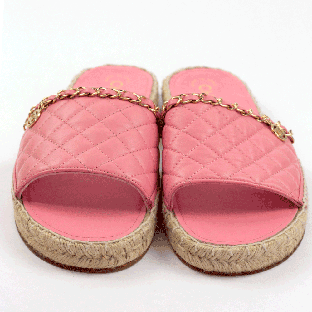 front view of Chanel Pink Quilted Chain Espadrille Slide Sandals