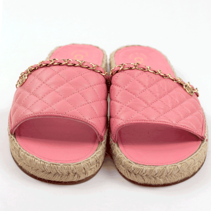 front view of Chanel Pink Quilted Chain Espadrille Slide Sandals