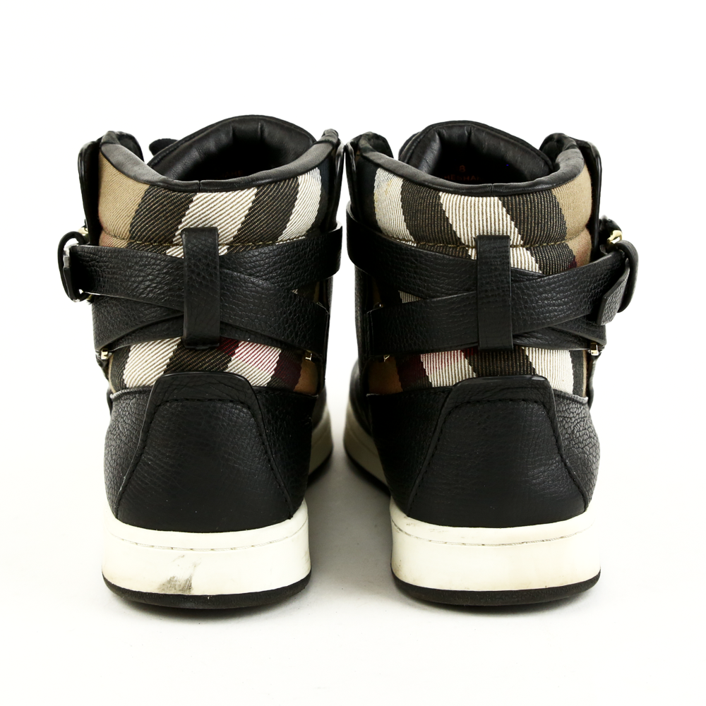 Burberry Black Leather & House Check High Top Sneakers